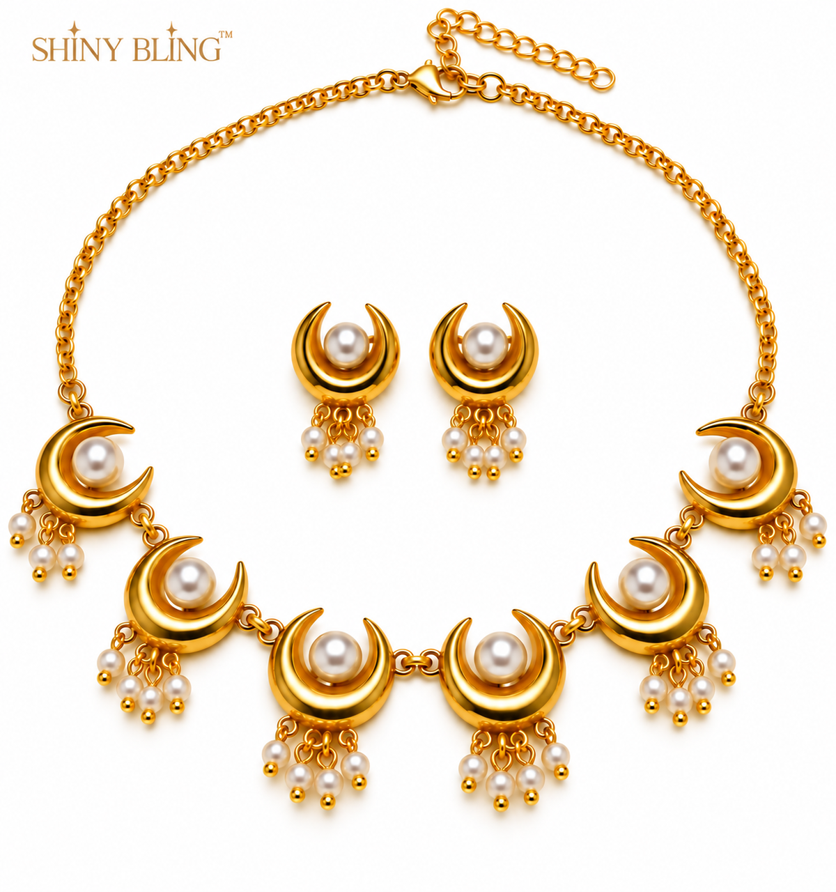 SHINY BLING Chandrakor Pearl Necklace Set (Crescent Moon Motifs)