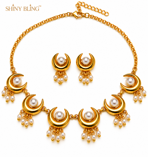 SHINY BLING Chandrakor Pearl Necklace Set (Crescent Moon Motifs)