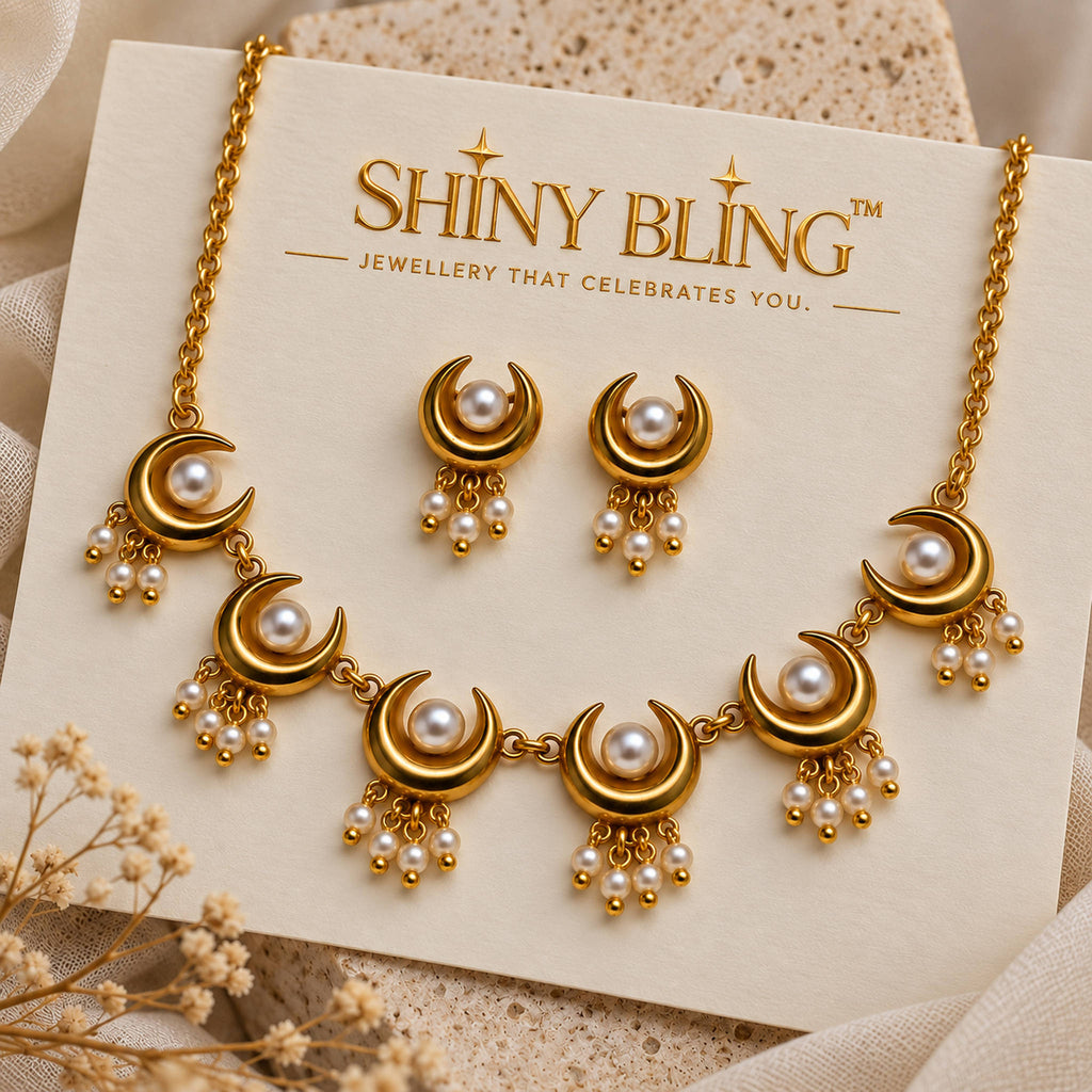 SHINY BLING Chandrakor Pearl Necklace Set (Crescent Moon Motifs)